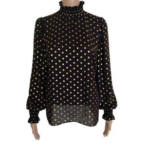 Worthington Women’s S Black Gold Polkadot Long Sleeve Smocked High Neck Blouse